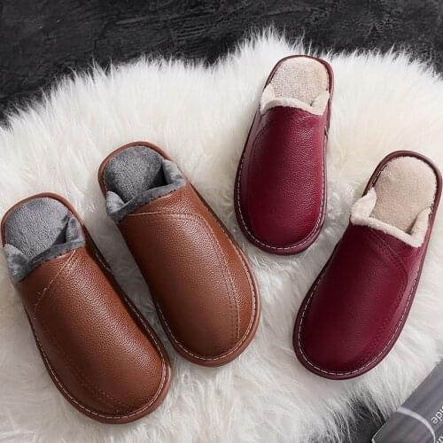 Men Slippers Black New Winter PU Leather Slippers Warm Indoor Slipper Waterproof Home House Shoes Women Warm Leather Slippers