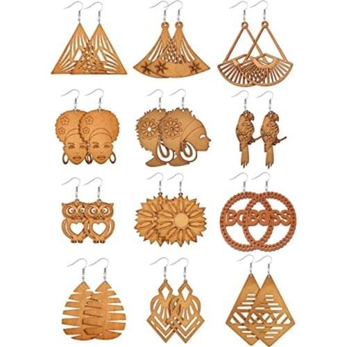 12 Pairs African Wooden Drop Earrings Bohemian Pendant Dangle Earrings Lightweight Ethnic Style Wood Earrings for Women