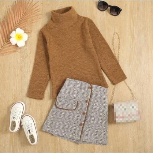 Citgeett Autumn Kids Baby Girl Knitting Tops Skirt Suit Long Sleeve High Neck Solid Color Sweater Plaid Buttons Clothes Set