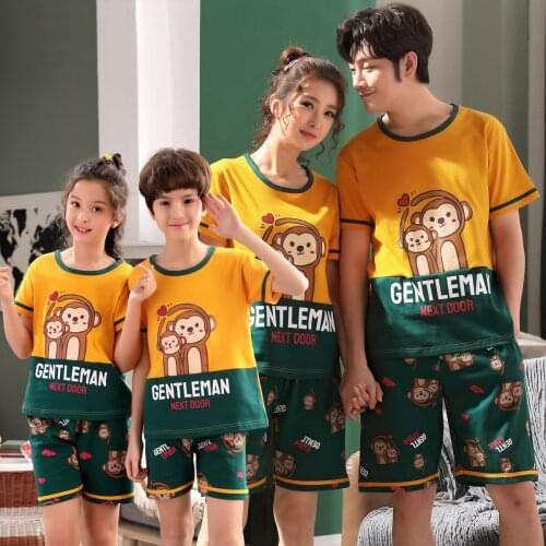 Szie 8-4XL New Parent-Child Pajamas Set Summer Short Sleeves Pure Cotton For Boys Girls Women Men Cute Cartoon Home Wear Casual