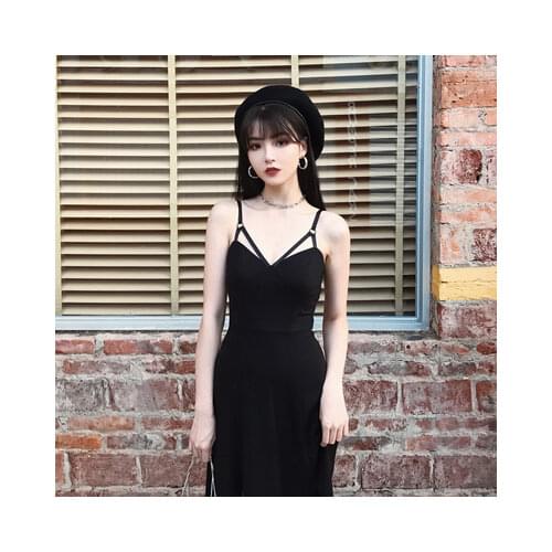 Ruibbit New Punk Gothic Women Summer Black Sexy Deep V-neck Dress Party Club Wear Dark Halter High Waist Split Dresses Elegant