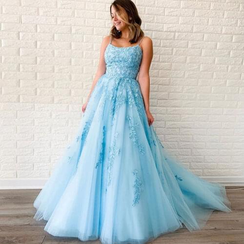 A-line Tulle Spaghetti Strap Prom Dress Boat Neck Floor Length Lace Appliques Backless Evening Party Dress