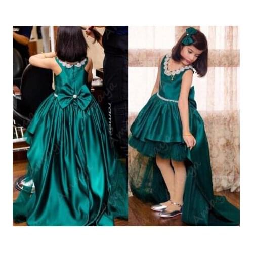 Amaya Green Satin High Low Flower Girls Dresses for Wedding Crystal Beads Neckline Kids Communion Birthday Gown with Train