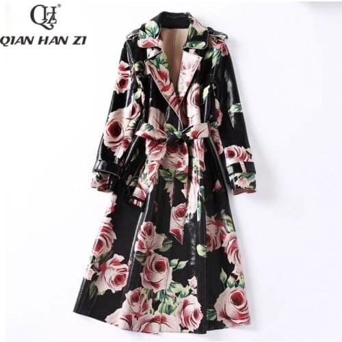 Qian Han Zi designer bright leather trench coat Long sleeved epaulettes Retro Rose print Fashion Belt Slim Long Coat Women 2021