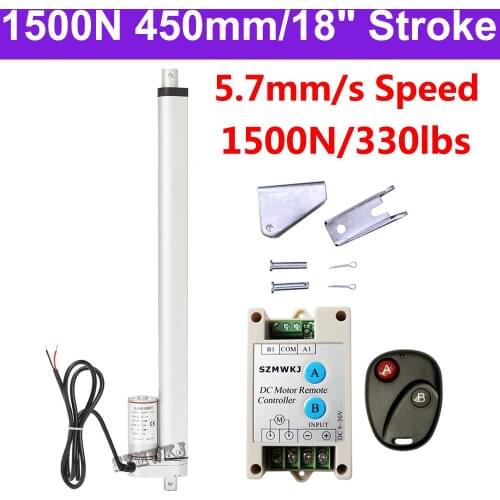 Heavy Duty 1500N DC 12V 450mm 18" Stroke Linear Actuator 5.7mm/s Spd Door Opener Motor Controller Brackets Bed Lift Table Tools