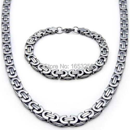 On sale 5 set Lot 24''+8.66'' 8mm stainless steel Flat Byzantine Chain Link necklace and bracelet Men Jewelry Set