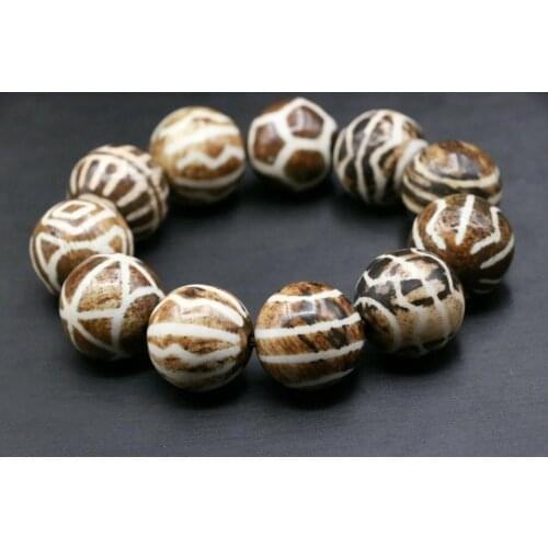 Magic Power Old Pumtek Multiple Symbols Round dZi Bead BRACELET Amulet 22MM AAA