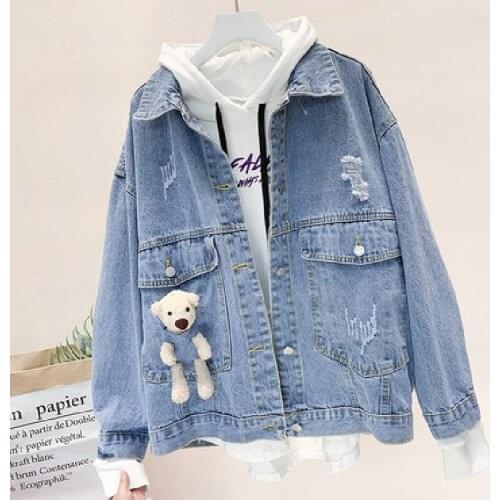 Korean Harajuku Long-Sleeved Hole Denim Jacket Woman 2020 New Spring Autumn Fashion Loose All-Match Jeans Coat Female Tide A827