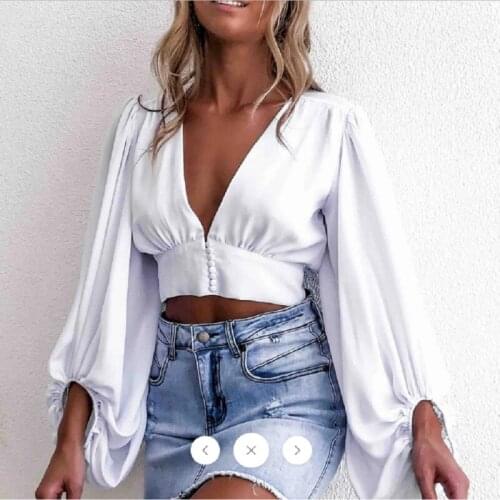 Womens Fashion Sexy Deep V Neck Lantern Long Sleeve Blouse Folds Tops Spring Summer Solid Color