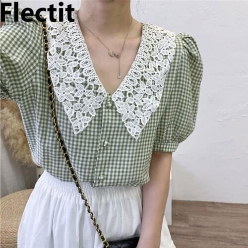 Flectit Crochet Collar Gingham Shirt Puff Sleeve Button-Front Vintage Rustic Women Tops Spring Summer Korea Fashion