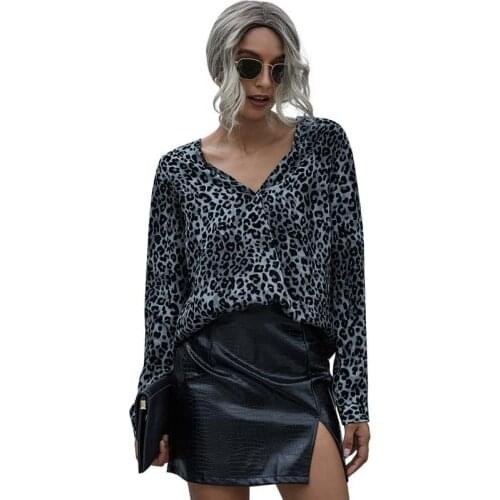 Womens Tops And Blouses 2021 Summer Leopard V-neck Long Sleeve Office Elegant Ladies Shirts Plus Size Vintage Chiffon Blouse
