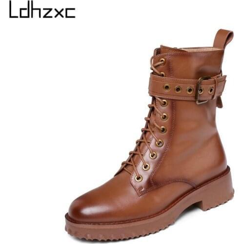 LDHZXC 2020 Winter Ankle Boots women Cow Leather Platform Lace Up Buckle Fashion Women Shoes Square Heel Round Toe Size 34-42