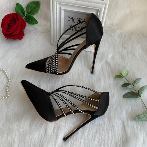Woman Black satin pointed toe side hollow rhinestone 12cm high heel Stilettos real photos