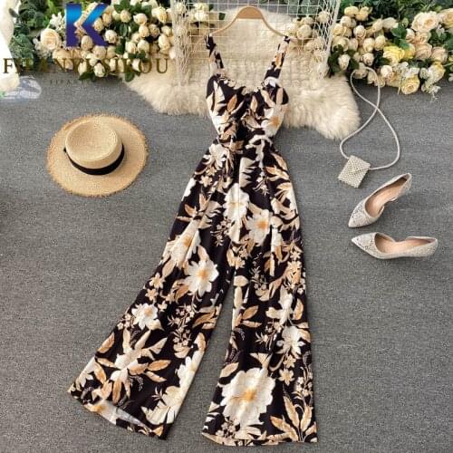 2021 Summer Women Jumpsuits Floral Print Fashion Sexy Straps Sleeveless Rompers High Waist Wide leg Pants Female casual Jumpsuit