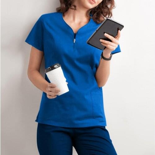 Summer Women Overalls Top V-Neck Pockets Soft Short Sleeve Anti-Wrinkle Loose Doctor Uniform Workwear Short Sleeve Loose Uniform