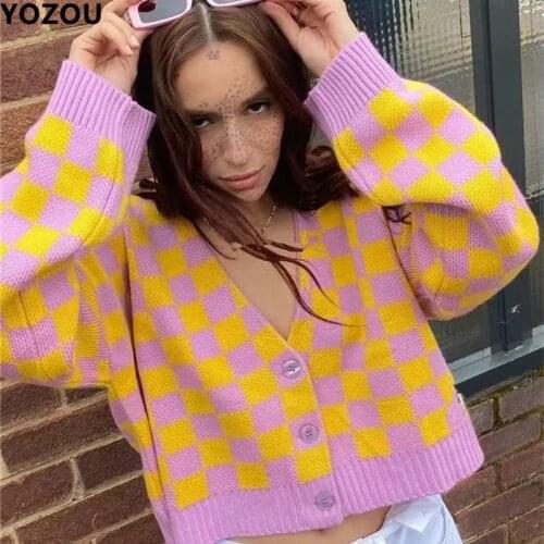 Y2K E-Girl Cardigan For Women Single Breasted V-Neck Button Loose Top Female Knitted Sweater Gingham Check Plaid Pink Yellow