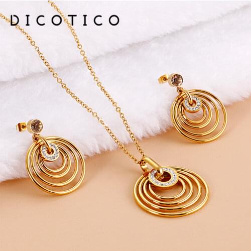 5 Layers Round Jewelry Set Women Zircon Stainless Steel Pendant Necklaces Earrings Sets Wedding Choker Accessory For Women 2021