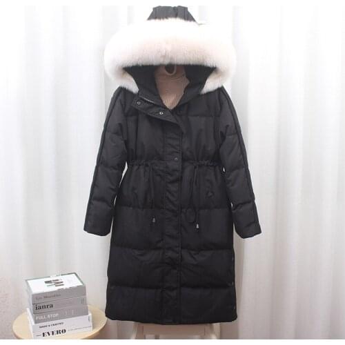 Winter White Duck Down Coats Long Parka Women Puffer Jackets 2021 Real Fox Fur Collar Hooded Female Adjustable Waist Outwear