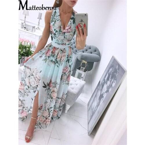 Women Summer Sleeveless Chiffon Maxi Dress Sexy Deep V Neck Floral Print Tunic Split Elegant Party Beach Holiday Dresses Robe
