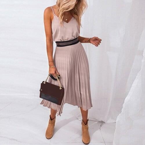 2020 Sexy Women Summer Sexy Dress Spaghetti Strap Dress V-Neck Pink Female Pleated Midi Dress Casual Office Ladies Party Dresses