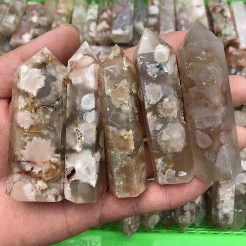 2pcs Natural Flower Agate Tower Point Quartz Crystal Obelisk Wand Healing Stone
