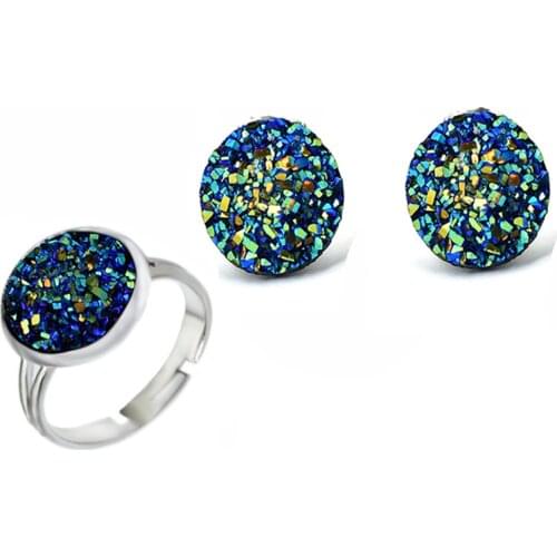 2PCS Wedding Round Jewelry Sets Non Pierced Blue Druzy Resin Stone Ear Clip Earrings For Women Adjustable Open Finger Ring Set