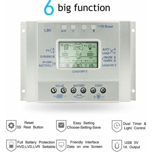 80A 60A MPPT PWM Solar Panel Regulator Charge Controller L60 L80 12V/24V 1000W/2000W LCD Solar Controller Load Timer