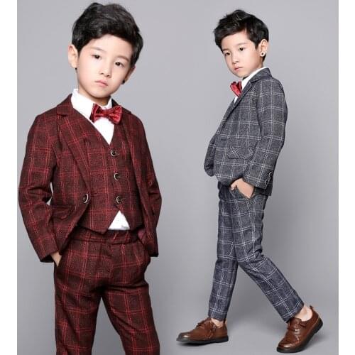 Flower Boys 3Pcs Formal Plaid Wedding Suit Kids England Style Blazer+Pant+Waistcoat Suit for Boys Kids Birthday Party Costume