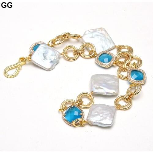 GuaiGuai Jewelry Natural Cultured White Square Keshi Pearl Cz Bezel Sets Blue Crystal Chain Bracelet For Women