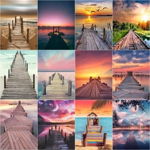 CHENISTORY DIY Oil Painting By Numbers Wooden Bridge Landscape Kits Canvas Handpainted Gift Pictures Lakeside Scenery Home Decor