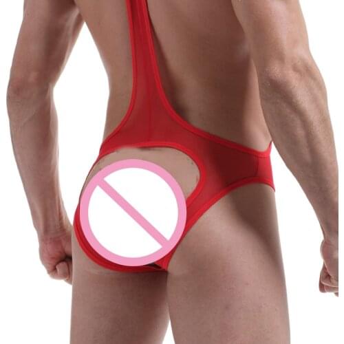 Mens Sexy Lingerie Onesies Underwear Briefs Sexy Exposed Hip Design Gay Sissy Mesh Erotic Bodysuit Transparent Sling Jumpsuits