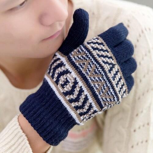 Fashion Autumn Winter Acrylic Knit Warm Thicken Plush Inside Cycling Gloves Men Outdoor Sports Driving Run Stripe Gloves B64