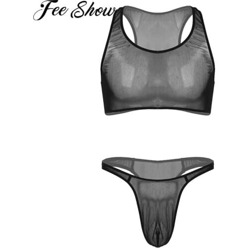 Sissy Men See-through Mesh Two-piece Lingerie Suit Swimwear Sleeveless Cropped Tank Top with Low Waist Thongs Briefs Exotic Sets