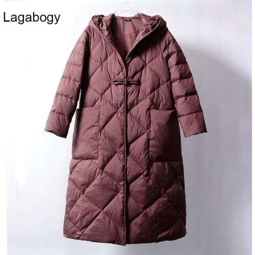Lagabogy 2021 New Winter Jacket Women Long Down Parkas 90% White Duck Down Coat Female Warm Loose Hooded Snow Coat Outwear