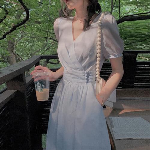 Elegant Fairy Midi Dress Women French Princess V-neck Korean Party Dress Female Summer One-piece Dress 2021 Office Lady Causal