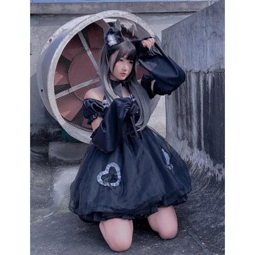 New Vintage Harajuku Gothic Women Fashion Chiffon Lolita Lace Puff Sleeves Temperament Slim Sweet Kawaii Dress Cool Girl
