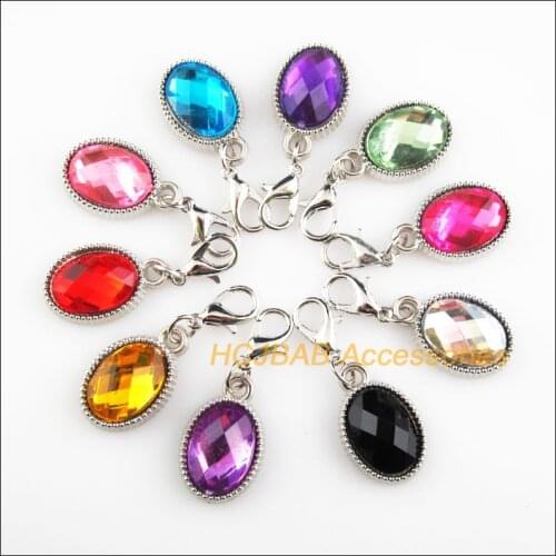 10Pcs Dull Silver Plated Retro Mixed Acrylic Oval With Lobster Claw Clasps Charms 13x21mm
