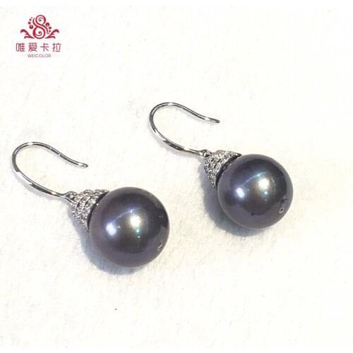 WEICOLOR Popular Big Drop Earrings:12-13mm Round Black Natural Freshwater Pearls With Silver Hooks