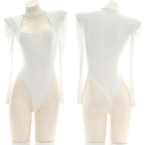 Virgin Killer Sexy Women White Knitting Sweater Cosplay Japanese Open chest High Split Tight Knitwear Sleepwear Lingerie Set