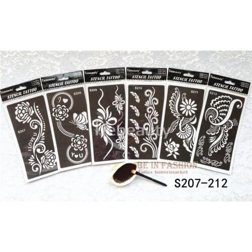 6pcs/lot Mehndi Indian Henna Tattoo Stencil reuseable Henna Tatoo Template Professional Tattoos Stencil For hand Painting bride