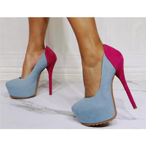 Dipsloot Newest Woman Fashion Blue Jeans Pink Patchwork Shallow Slip On Platform Pumps Female Sexy Night Club Super Heels Shoes