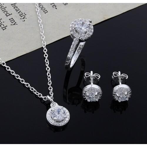 Hot charm 925 sterling Silver Shiny crystal pendant necklace earring ring for woman noble Jewelry set Fashion Party wedding Gift
