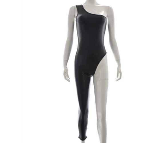 Women Sexy Metallic Shiny One Shoulder Single Leg Jumpsuit Bodysuit Erotic Dance Wear Lingerie Clubwear