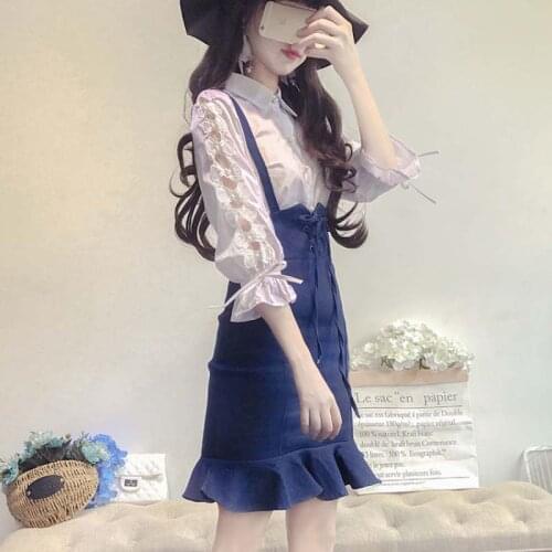 2021 Women Spring Summer Vintage Suit Lady Hollow Out Shirt + Denim Mermaid Strap Skirt 2 Piece Set Female Casual Solid Set F409