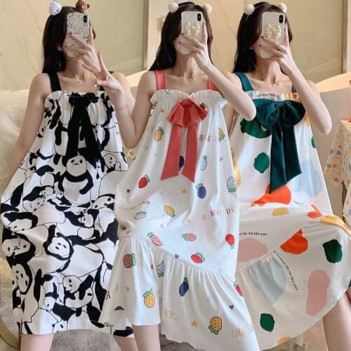 2021 Summer Sexy Lingerie Spaghetti Strap Cotton Print Nightgowns for Women Korean Sleepwear Nightdress Night Dress Home Nighty
