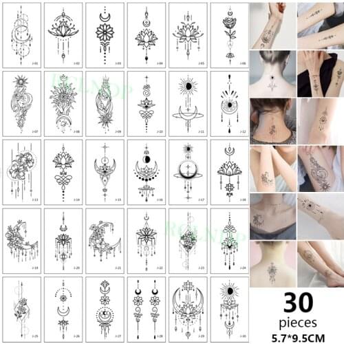 30 pcs Waterproof Temporary Tattoo Stickers set sun moon lotus Body Art Flash Tatto Fake Tatoo for Men Women