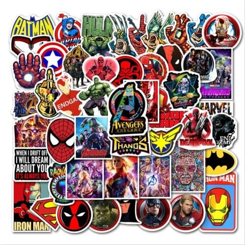 50pcs/pack Disney Cartoon Marvel Stickers The Avengers Waterproof Sticker Luggage Skateboard Guitar Laptop Stikers Kid Toy Gifts