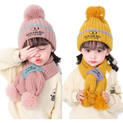 Toddlers Kids Hat and Scarf Set Baby Boys Girls Warm Cable Knit Letters Embroidery Pom Pom Beanie Snood Kit Fleece Skullies