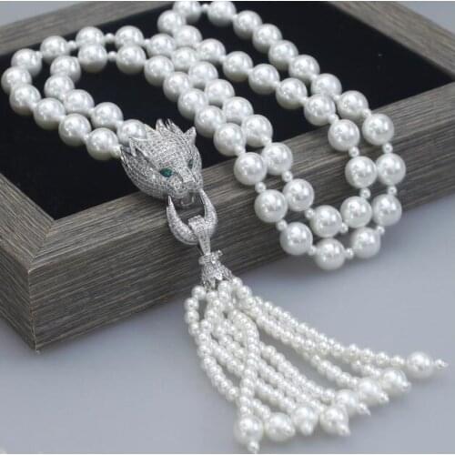 Women Gift word Love jewelry set Leopard panther Head Zircon Natural Shell Pearl Chain Tassels Fashion Necklace Bracelet