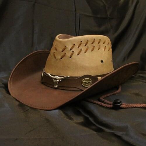 Retro Bull Head Band Unisex Women Men PU Leather Roll Up Wide Brim Sombrero Sun Cap Beach Cowboy Cowgirl Western Hat 58cm